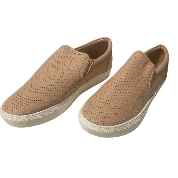 Women’s Perforated Faux Leather Sneakers Beige Upper White Sole Casual Comfort - Picture 1 of 7